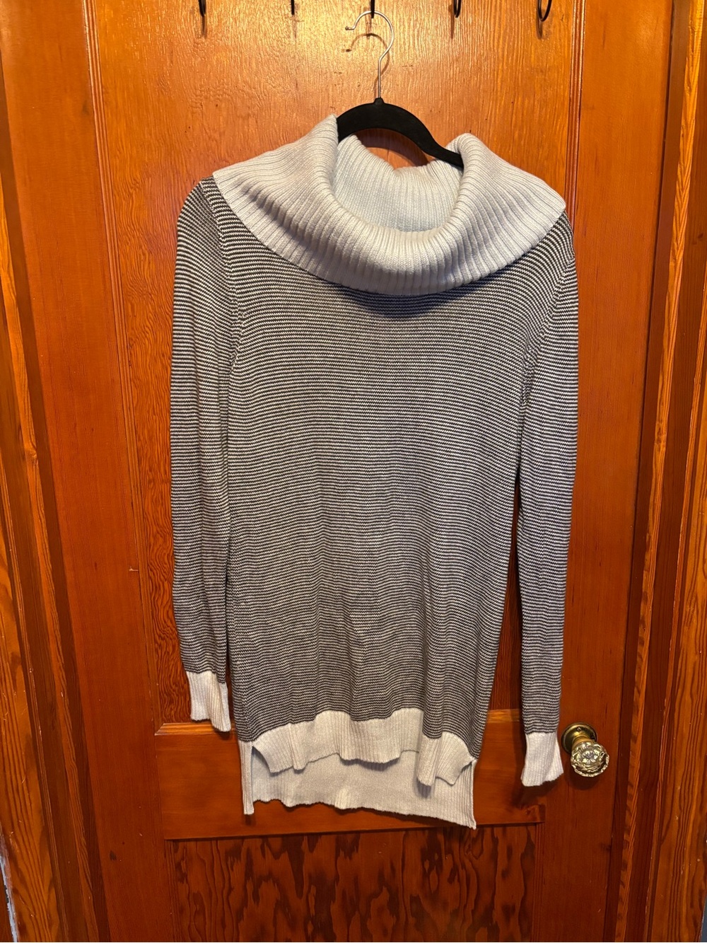 LOFT Black and Blue Striped Cowl Neck Tunic Sweater